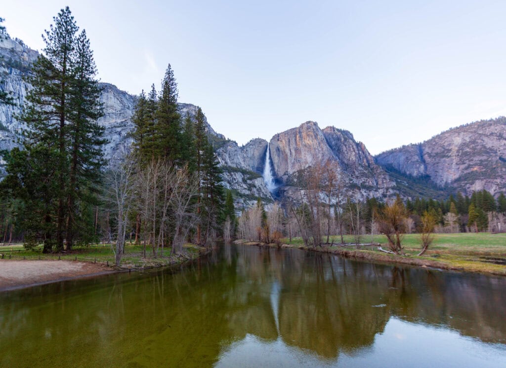 waterfall reflections from yosemite falls while in cook meadows