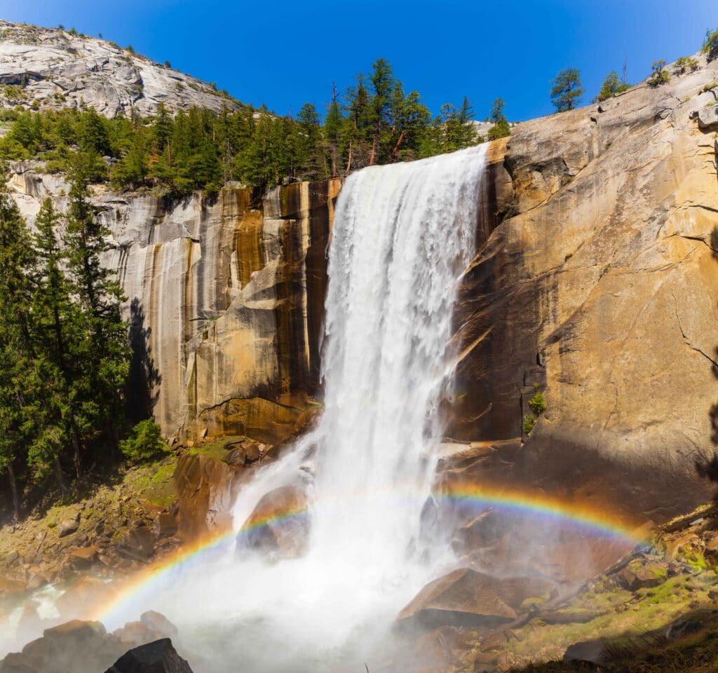 vernal falls with a rainbow below it