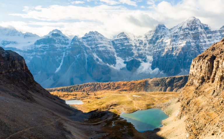 Looking down into Larch Valley from Sentinel Pass in banff.