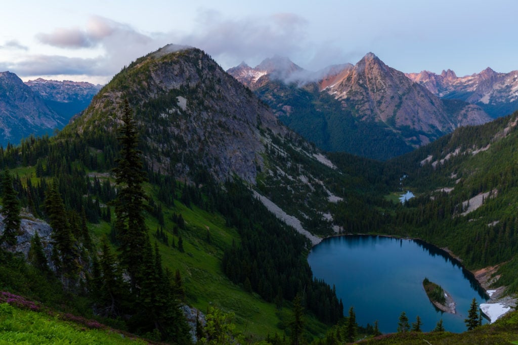 The view from Maple Pass in the North Cascades. Lake Ann is visible below. 