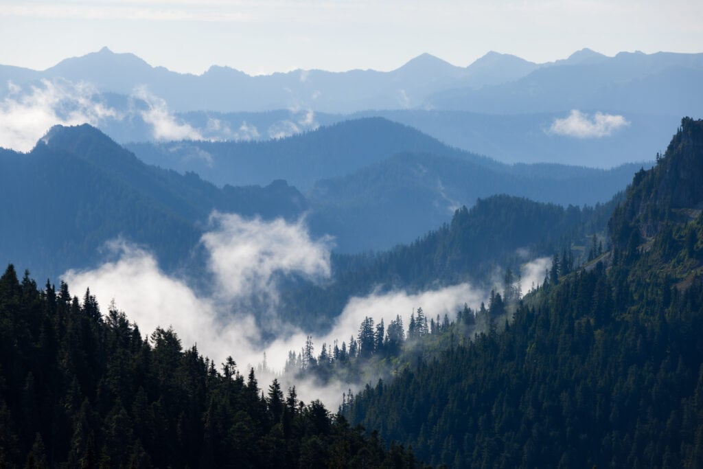 Clouds and mountain peaks from the Summit Lake Trail. 