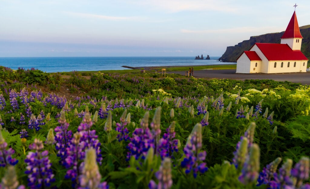 The Vik church on the southern coast of iceland is a great place for photography.