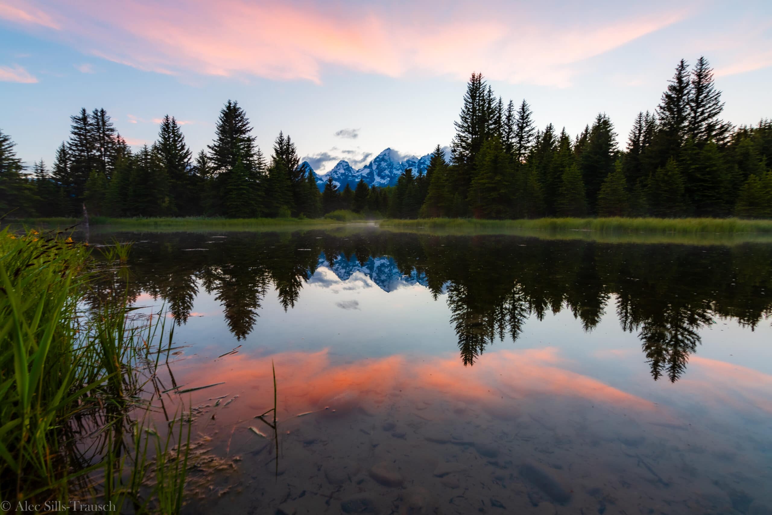 schwarbacher landing at grand teton national park in wyoming with sunset reflection colors