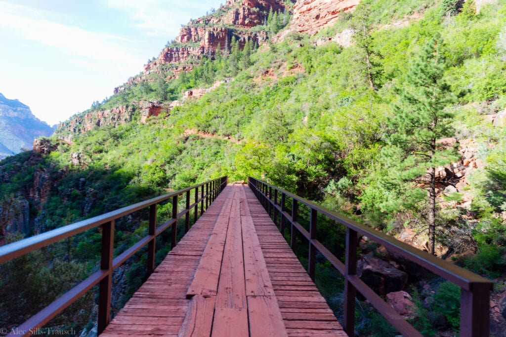 A wooden bridge in the grand canyon.