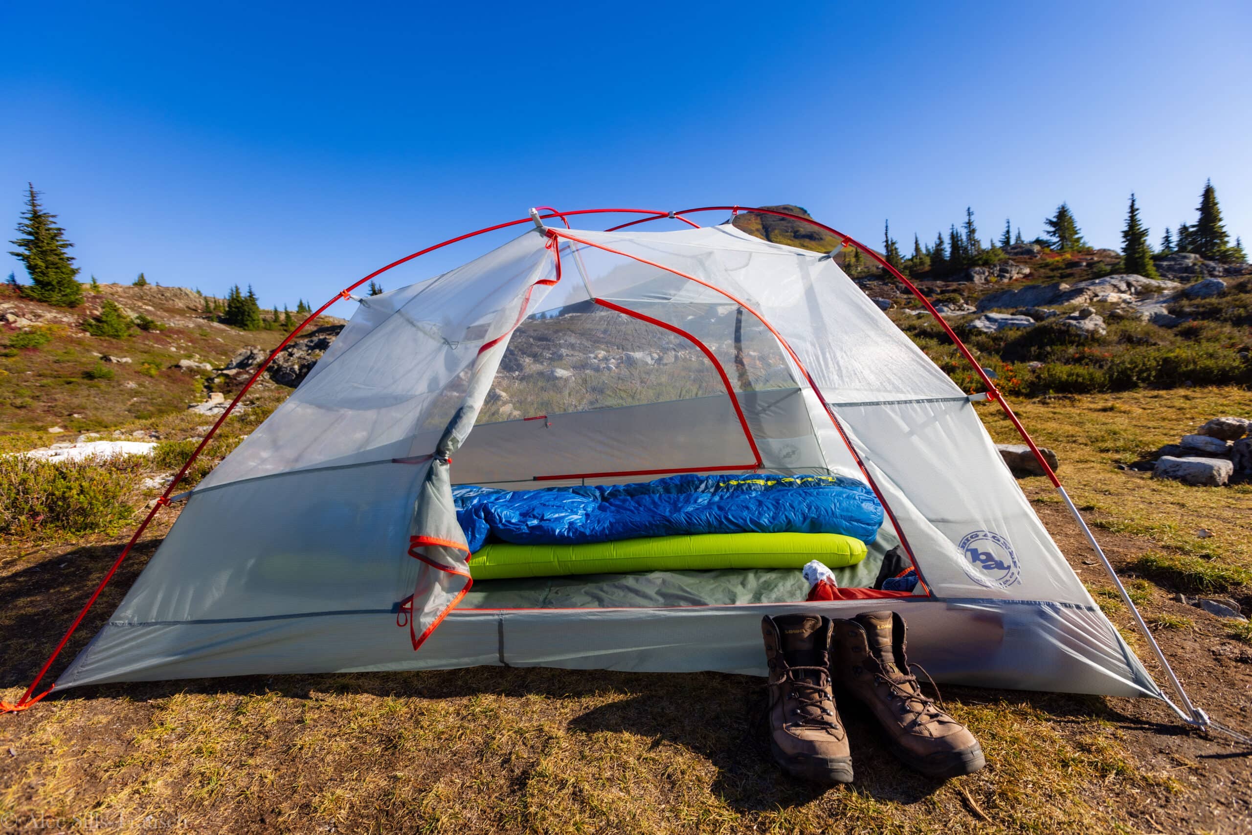 a big agnes copper spur UL3 tent with hiking boots in front