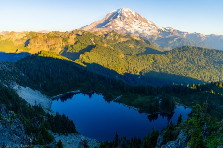 A view of Mt. Rainier and Eunice Lake below.
