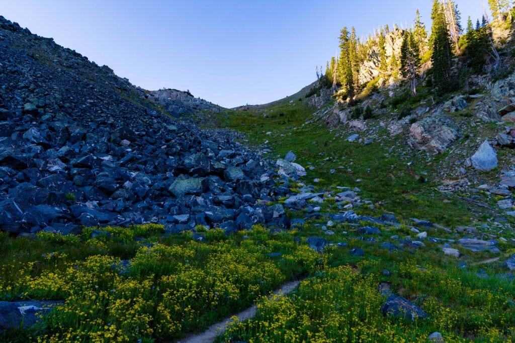 the top of the pass with rocks on the left side and green grass on the right