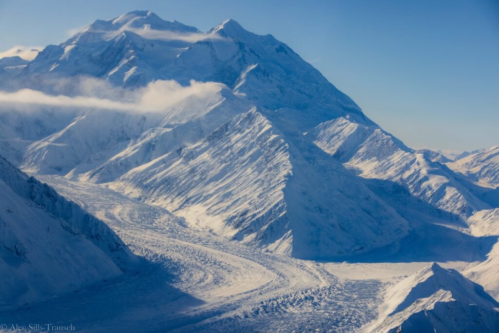 flying over the muldrow glacier with mount denali in the background