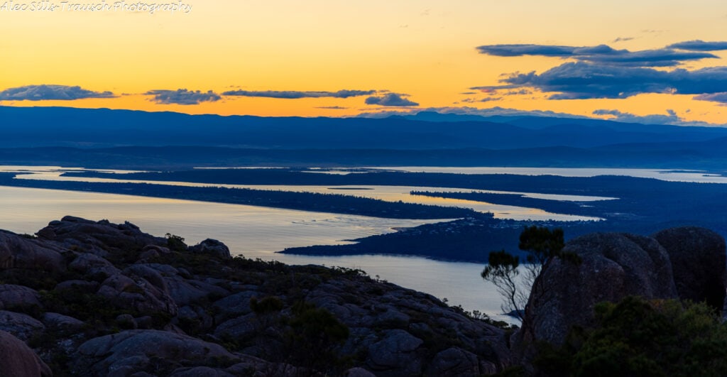 Sunset views looking at Coles Bay in Tasmania.