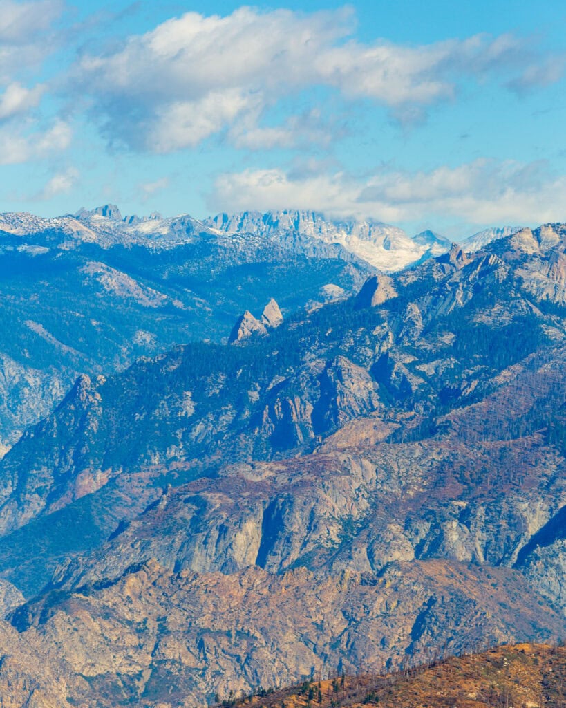 views of the sierra range from kings canyon national park with a little snow at the top