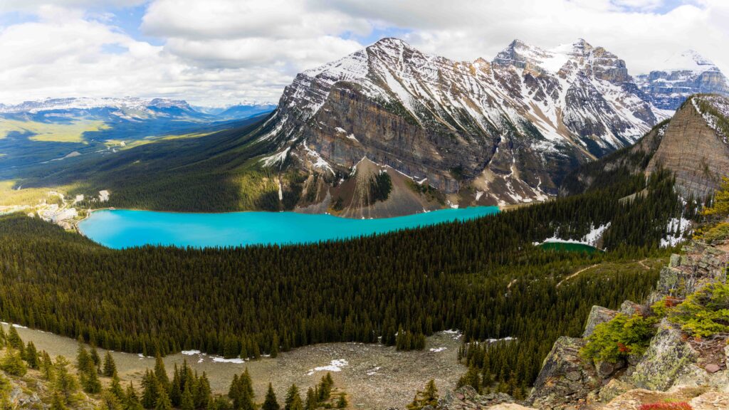 the view looking down on lake louise from little bee hive hike
