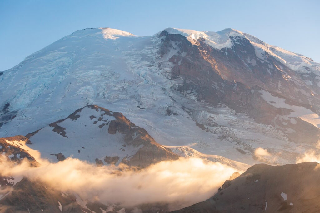 mount rainier covered in snow and glaciers from burroughs mountain trail 