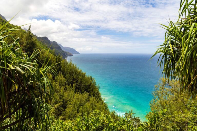 blue ocean viewed from the kalalau trail in kauai