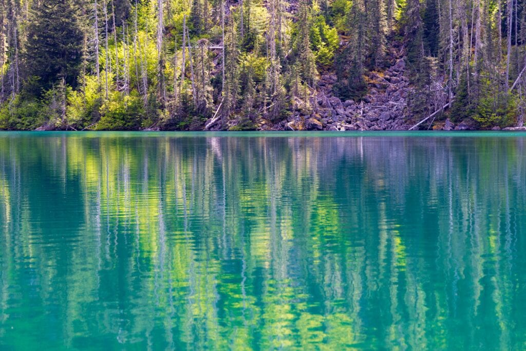 a reflection of trees in turquoise water at goat lake