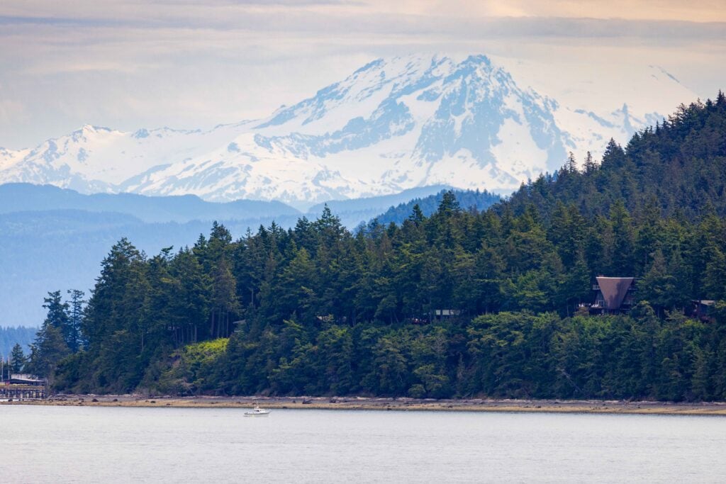 mount baker looming over the san juan islands. seen from the ferry on our two day san juan island itinerary