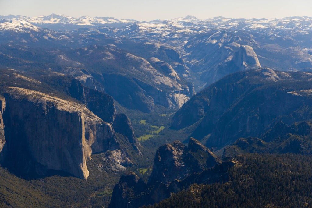 flightseeing over yosemite with el cap on the left and half dome down the middle