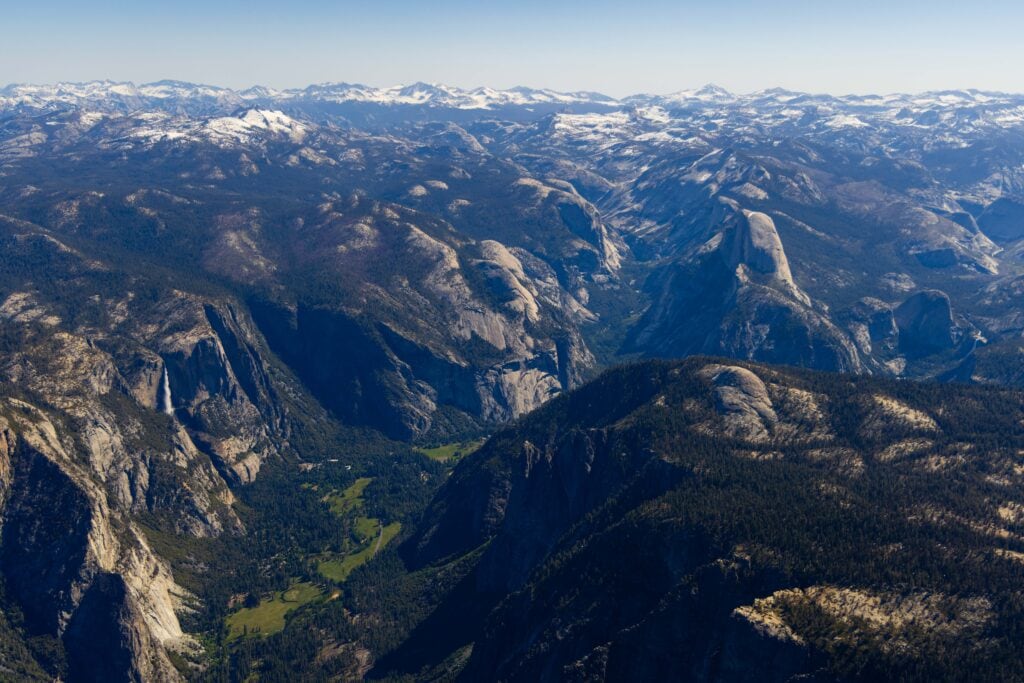 yosemite national park aerial view with yosemite falls half dome and the high sierra 