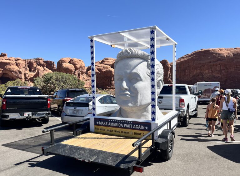 ‘Make America Wait Again’ Giant Elon Head Seen at Arches NP Highlighting DOGE and Trump Cuts to National Park Service