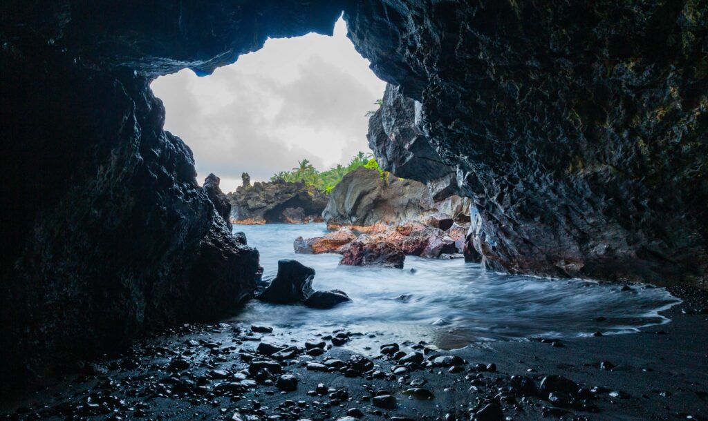 a sea cave near the black sand beaches of maui