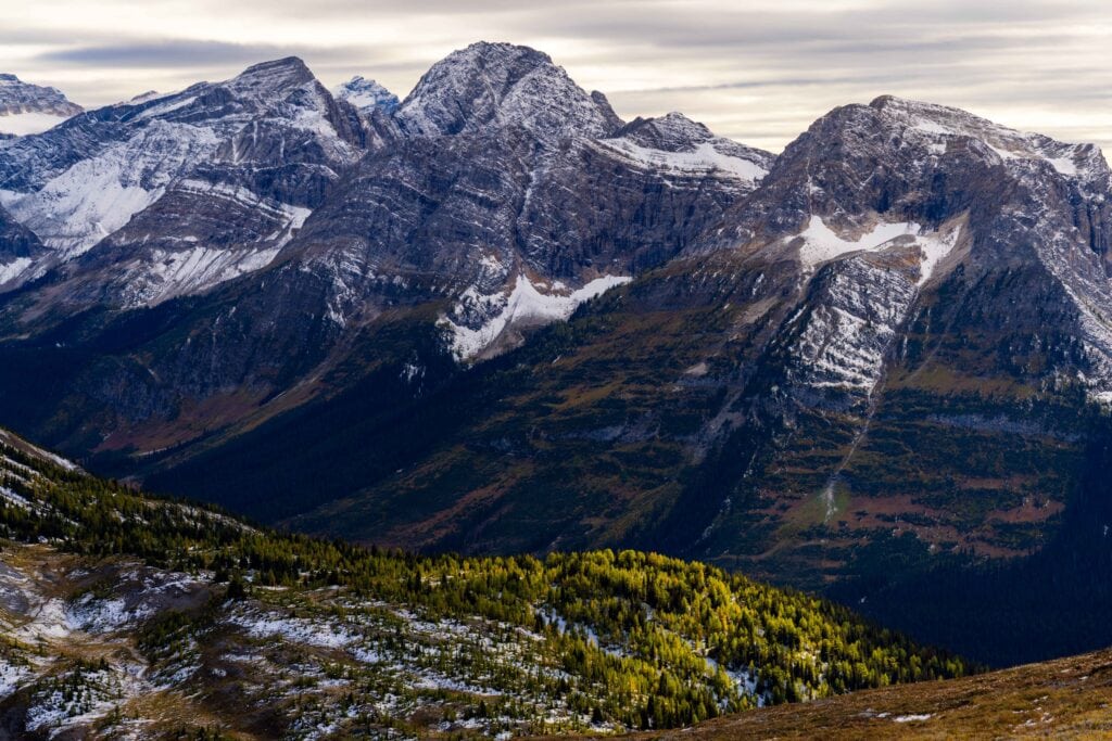 mountain peaks with early stages of larch trees turning gold