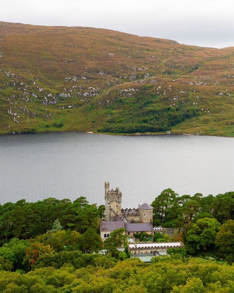 looking down at glenveagh castle from a viewpoint