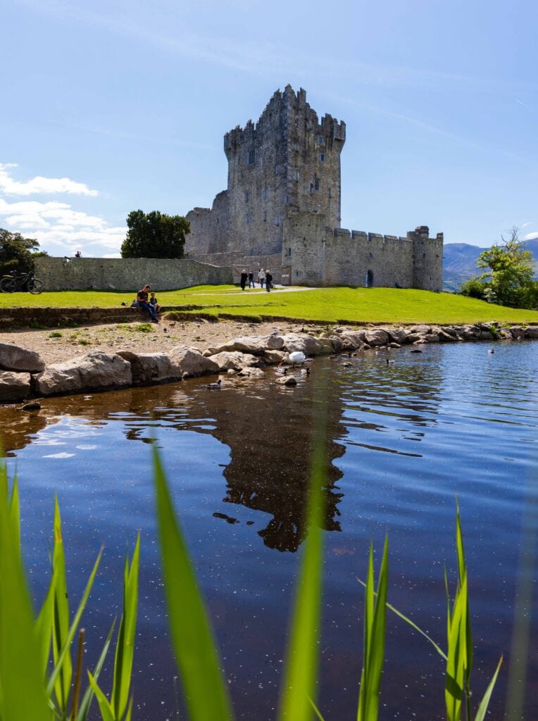 the ross castle in killarney natinal park with grass in the foreground