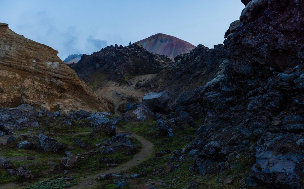 a winding Laugahraun trail through the lava field in the icelandic highlands