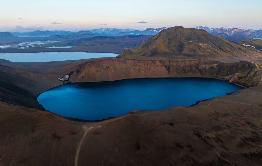 a huge lake in the icelandic highlands from above