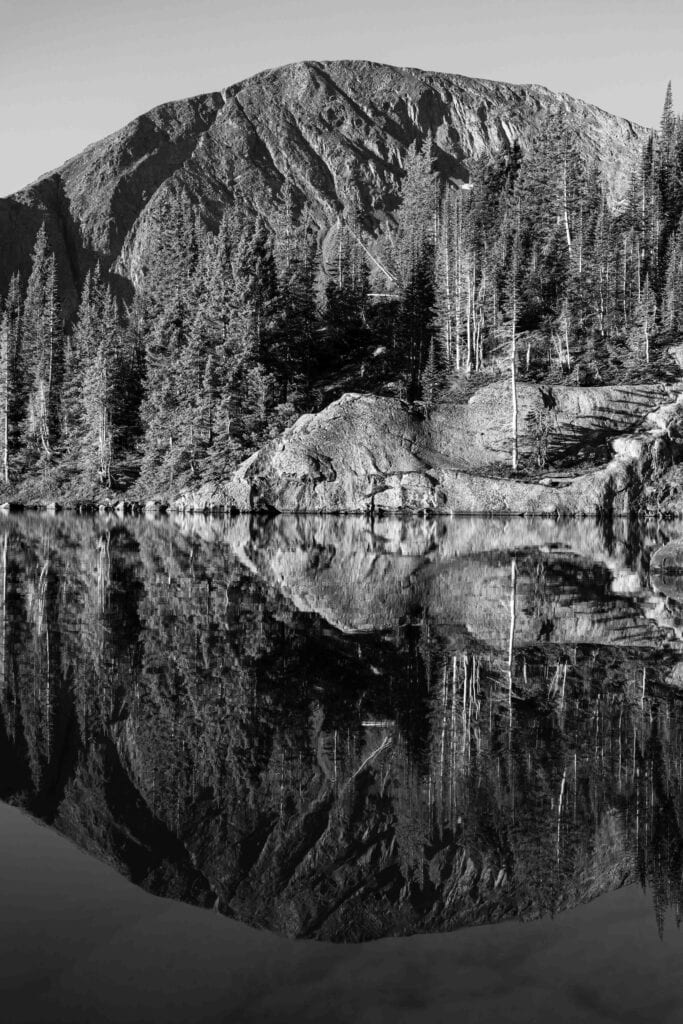 black and white image of a reflection of the mountains and trees off of the lake