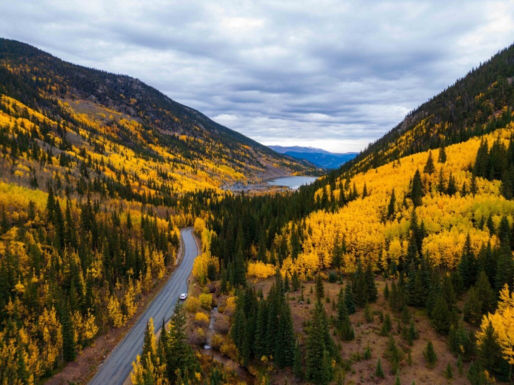 drone shot near guanella pass with tons of aspen trees and a lake in the background