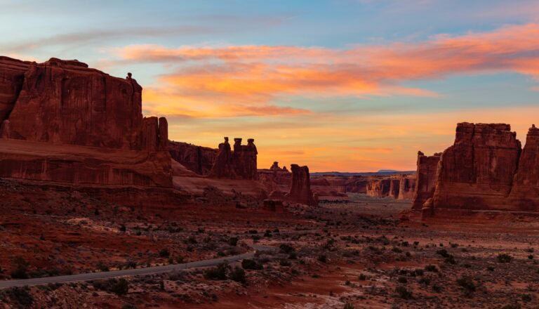 sunset colors from arches national park in utah