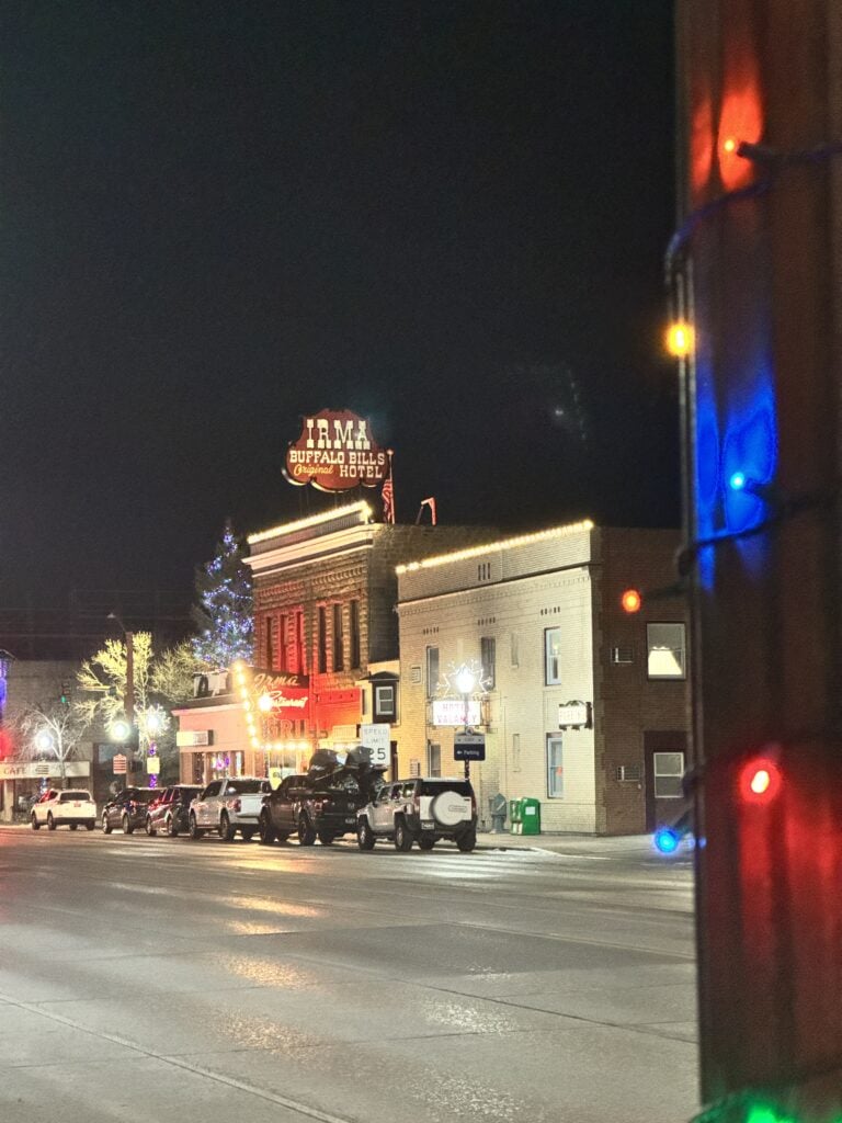 the outside of the irma hotel on new years eve