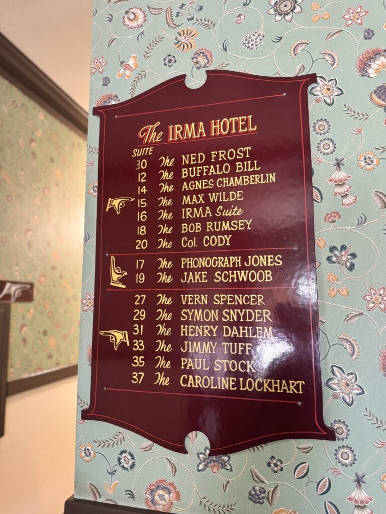 room sign with all the historical rooms in the irma hotel