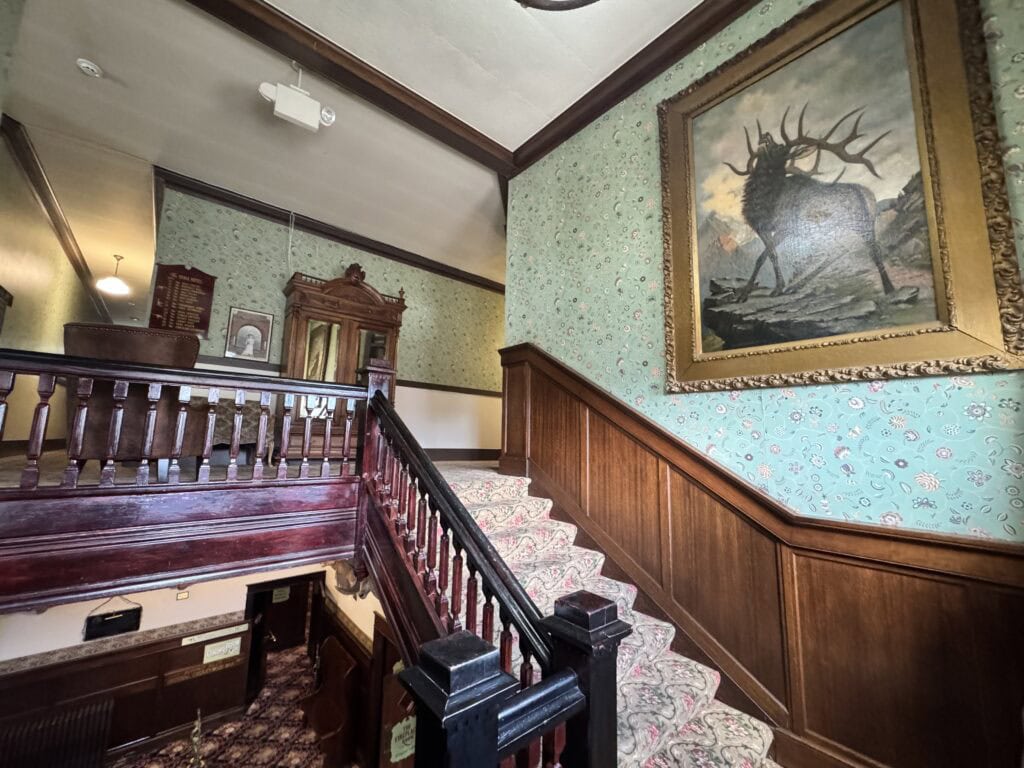 staircase leading to the second floor at the irma hotel in cody
