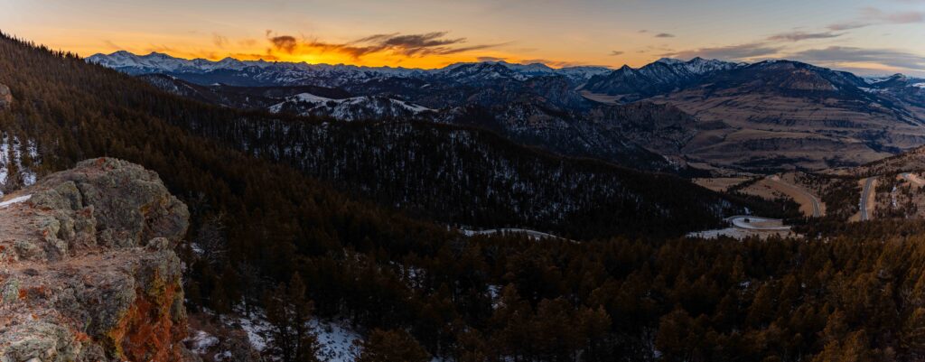 panorama of muntains valley and sunset from dead indian pass outside of cody