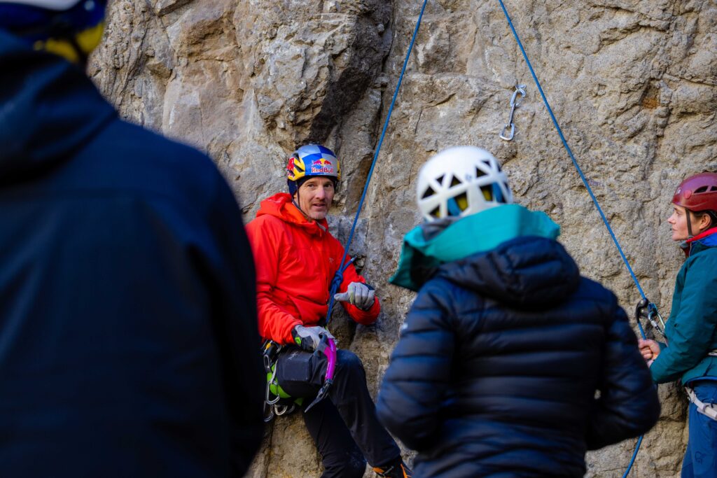 ice climbing legend will gadd hanging on a rope instructing dry tooling
