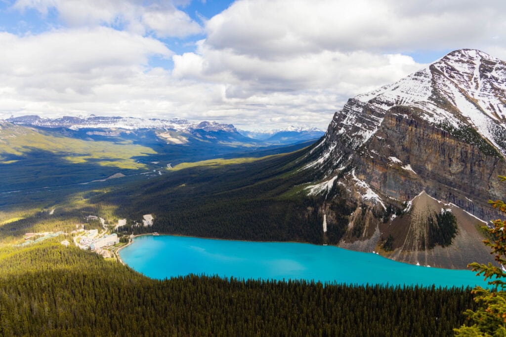 looking down on lake louise from the top of the little beehive trail