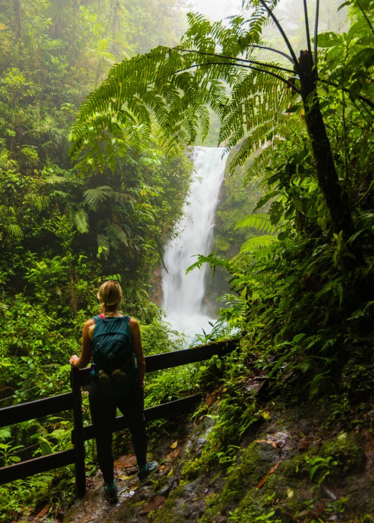 a woman looks out at la pintada waterfall in costa rica