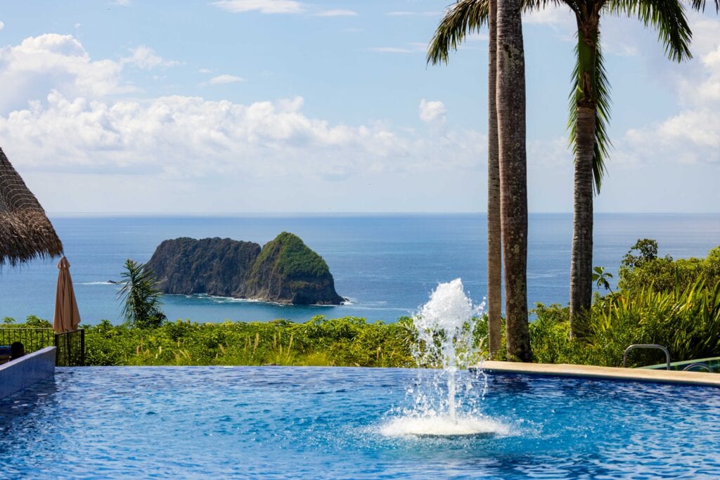 a pool with palm trees looking out on the ocean from parador nature resort