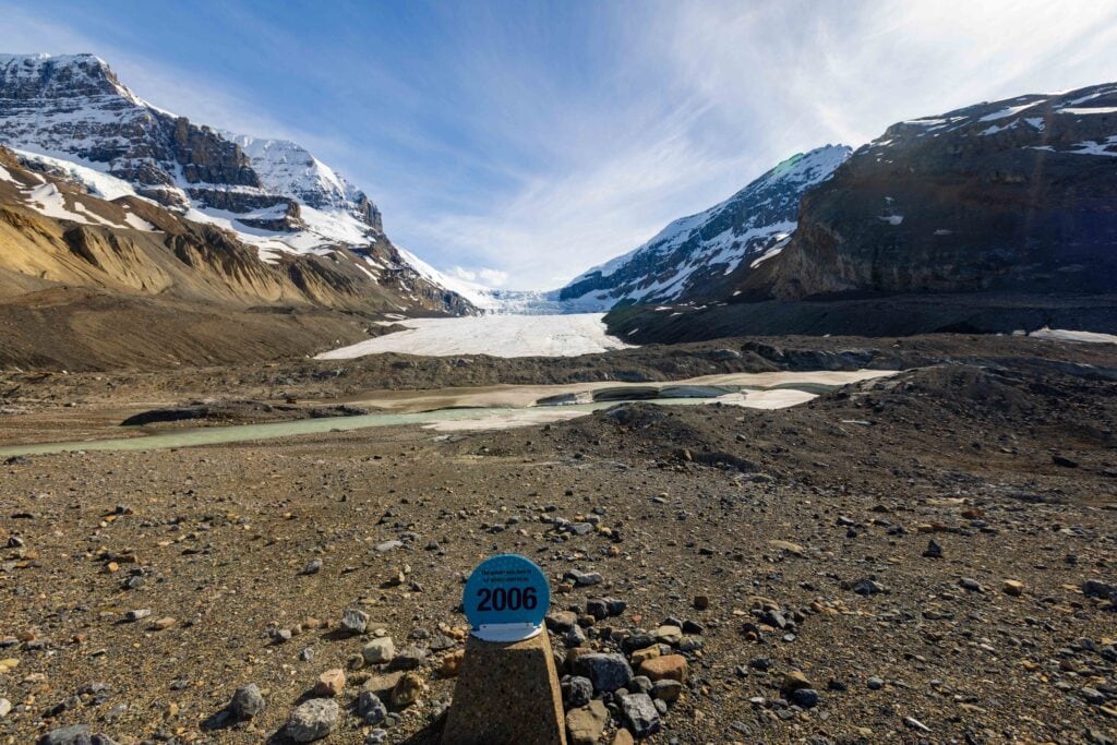 columbia icefield and athabasca glacier with a date of 2006 showing where the glacier used to be