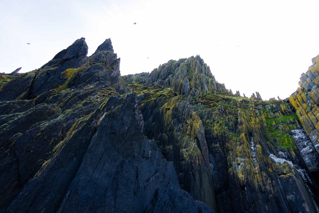 look up at cathedral rocks in reland with birds flying above