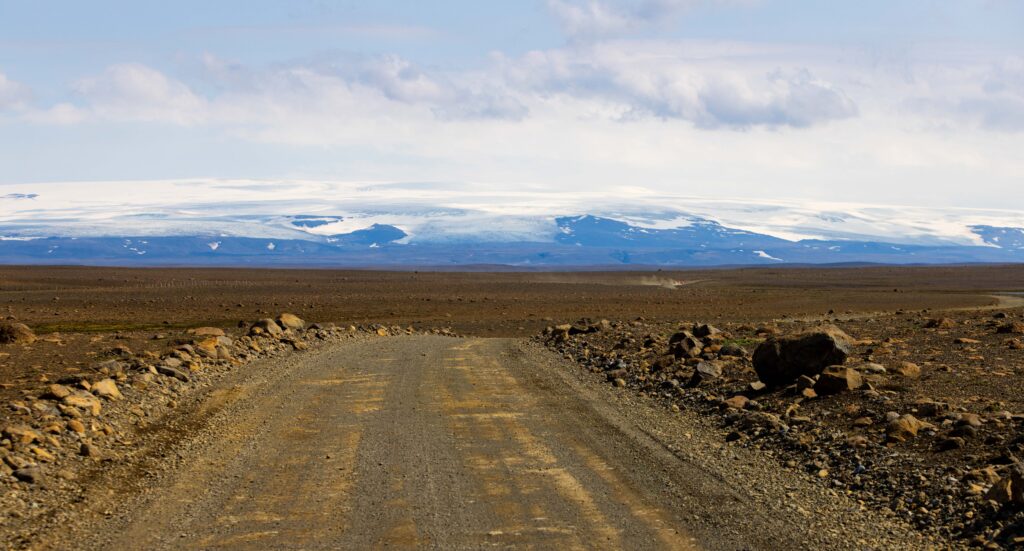 the f35 road with a large glacier in the distance