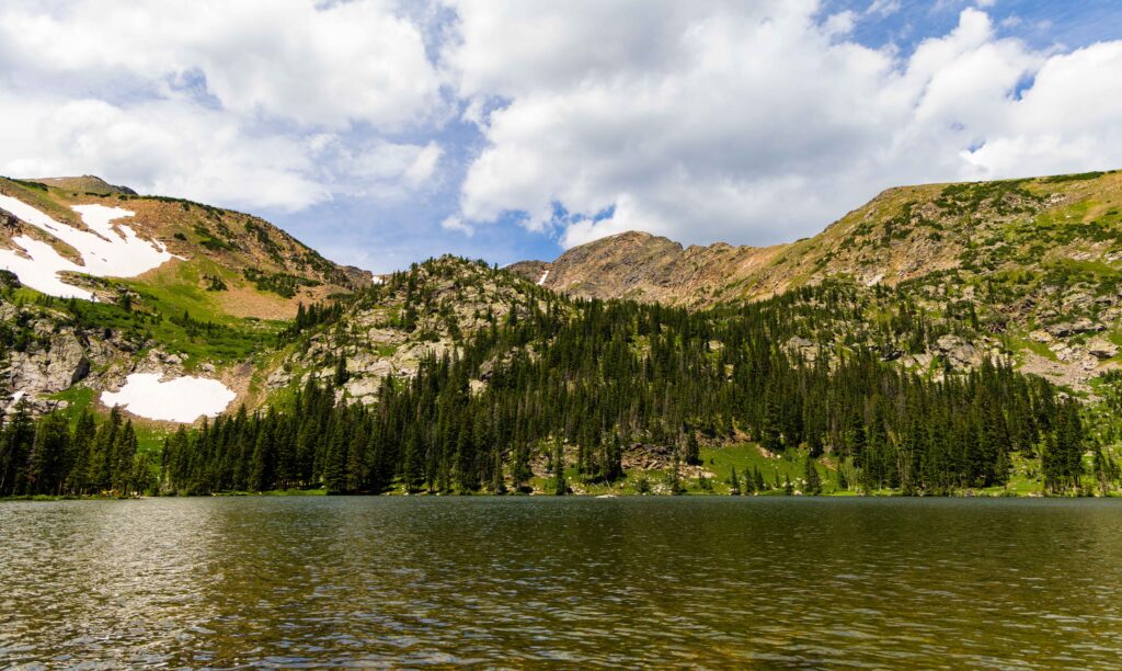Mountain lake with clear water and peaks reflected in the still surface