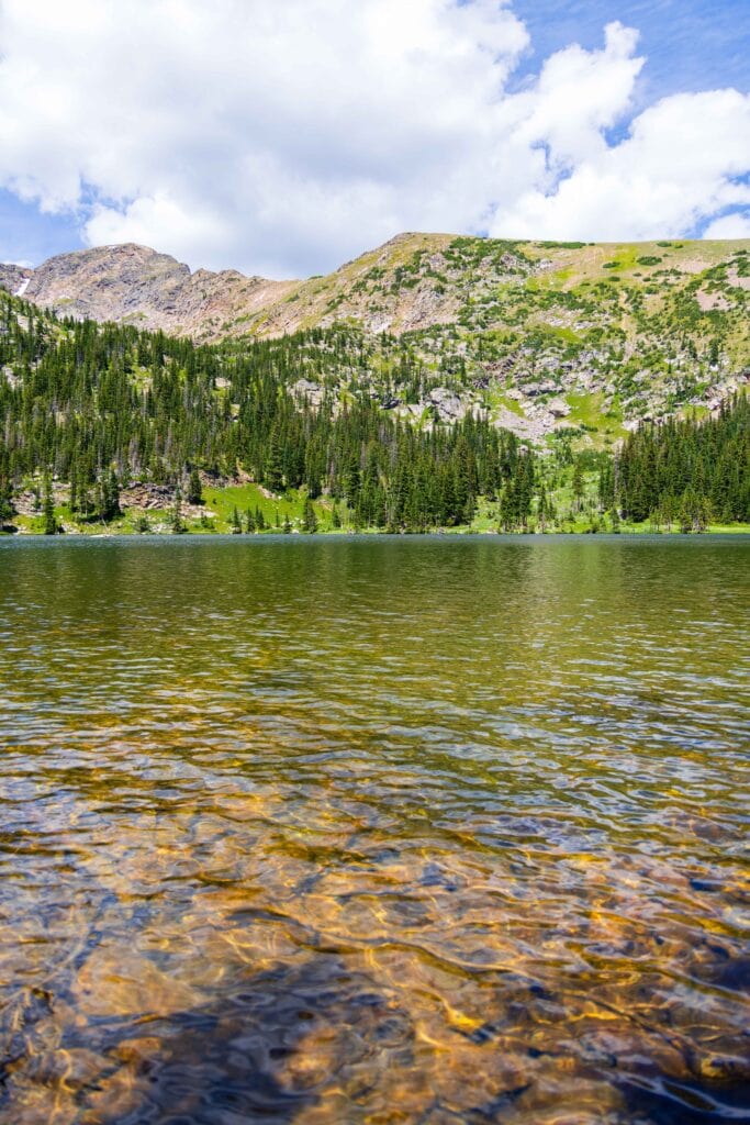 Calm alpine lake reflecting surrounding peaks with rocky shoreline and small snowfield