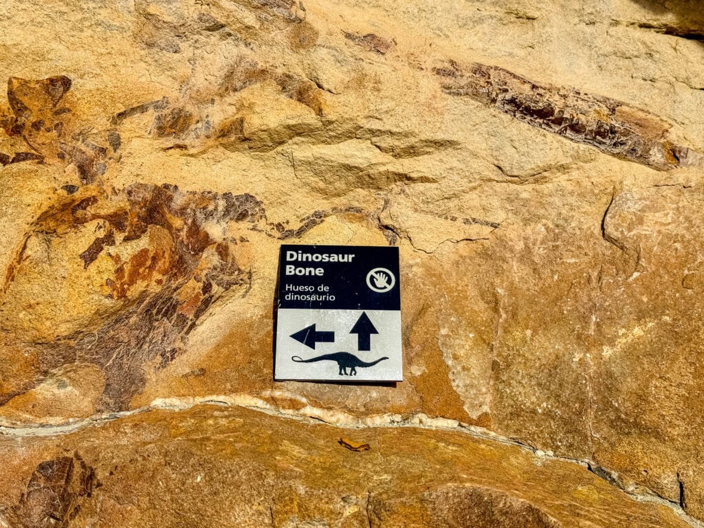 Interpretive sign at a trailhead or nature site with rocky terrain in the background