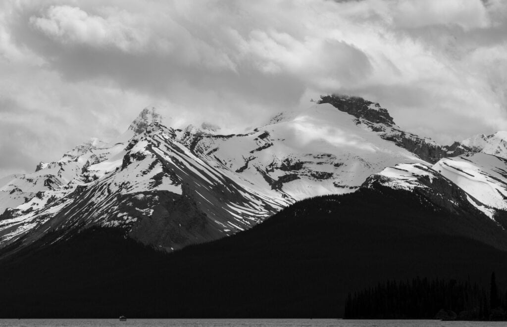 black and white image of mountains in canada