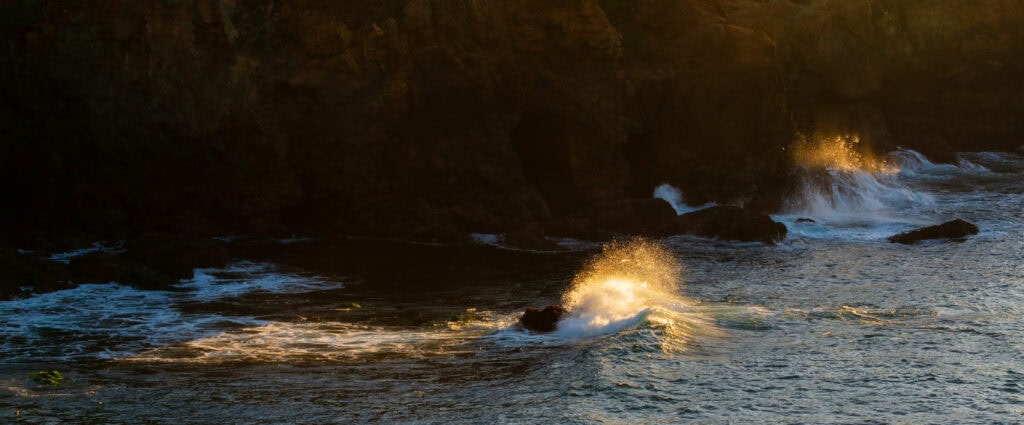a wave crashes into a rock illuminated by the sun