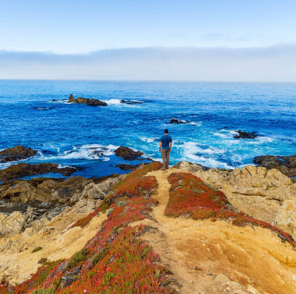 Hiker on a narrow coastal trail leading toward sea stacks and open ocean