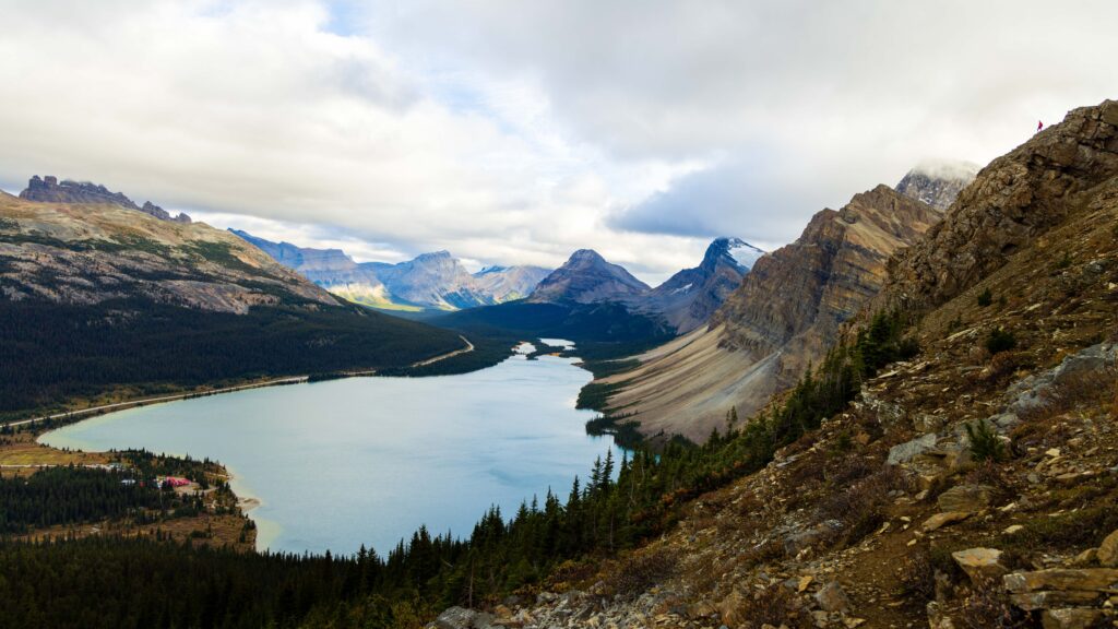 looking out a bow lake and the surrounding mountains in banff national park