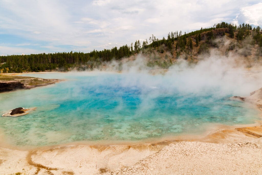 Turquoise hot spring with white mineral deposits and scattered pines